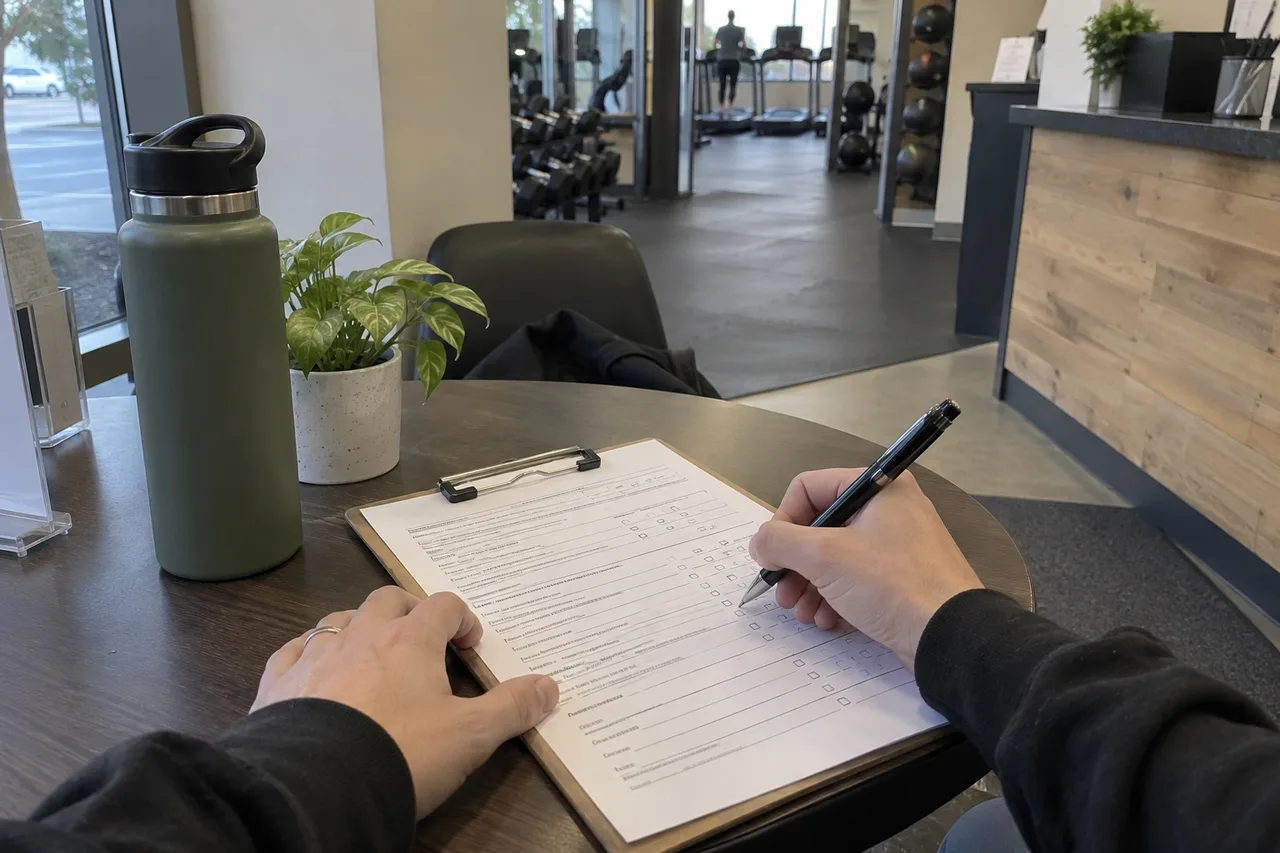 Close-up of a person's hands filling in a health questionnaire on a clipboard with a pen at a table near a gym reception.
