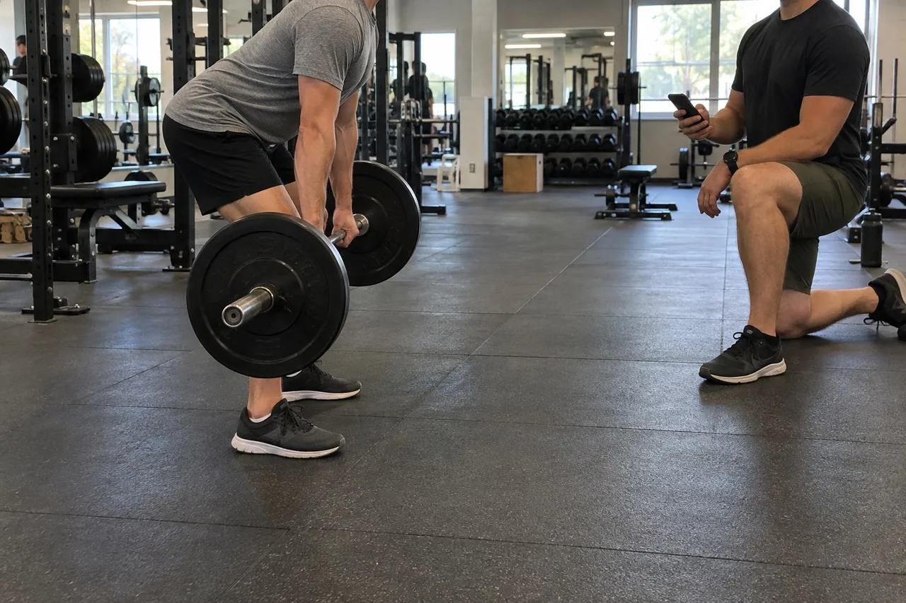 Side view of a person doing a barbell Romanian deadlift while a coach kneels nearby with a phone, watching their back position.