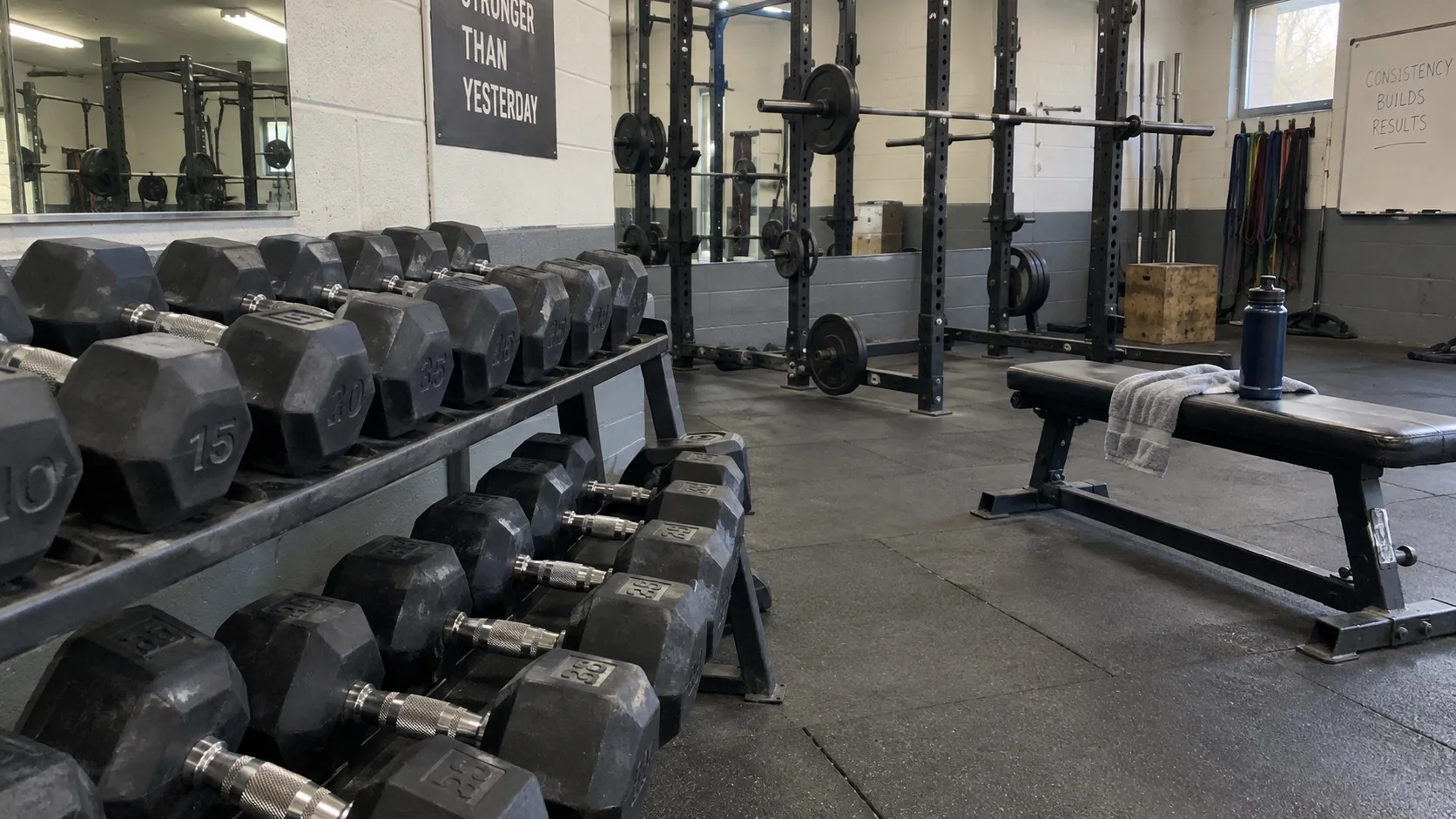 Rows of dumbbells on a rack in an ordinary gym, with a squat rack and bench in the background.