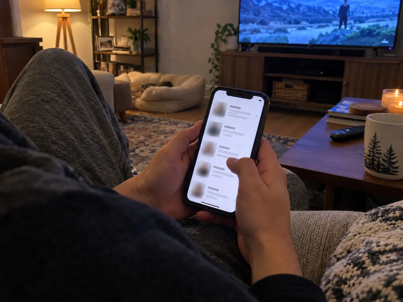 Over-the-shoulder view of a person on a sofa scrolling a list of trainer profile cards on a smartphone.