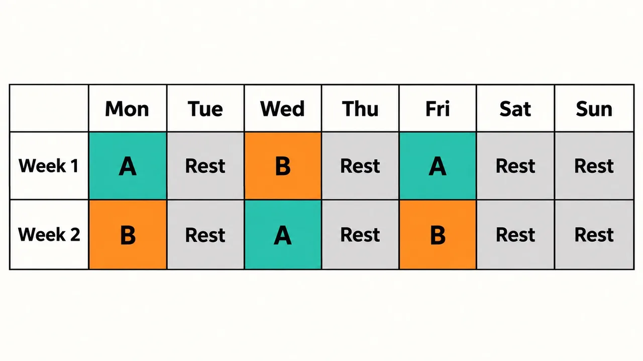Weekly schedule grid for two weeks. Week 1: Monday workout A, Wednesday workout B, Friday workout A. Week 2: Monday workout B, Wednesday workout A, Friday workout B. All other days are rest days.