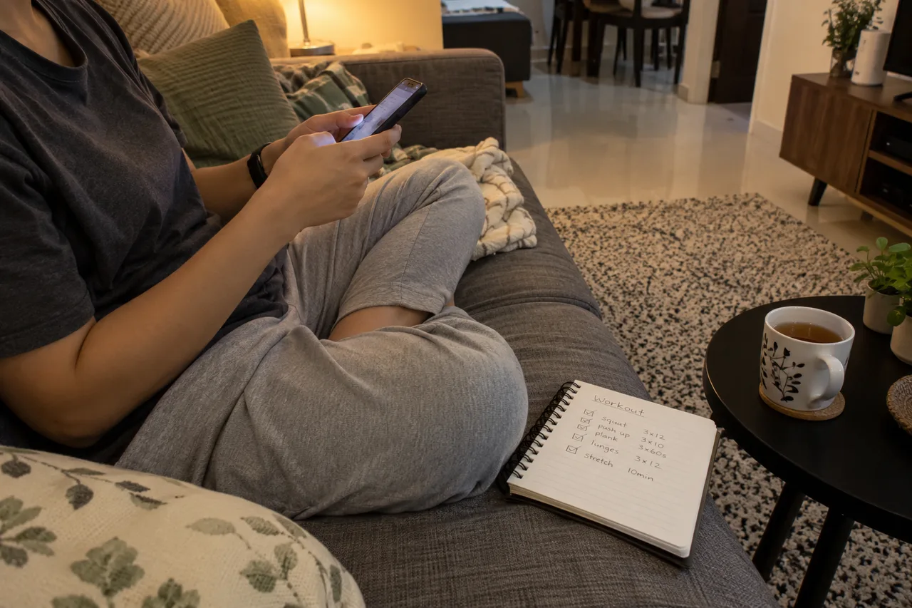 A person seated on a sofa reviews a phone beside tea and an open workout notebook.
