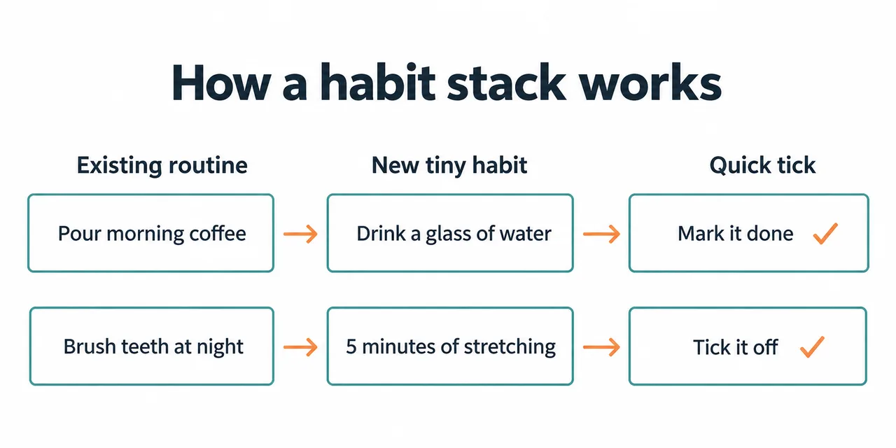 Two examples connect an existing routine to a small new habit and a tick: coffee then water, and brushing teeth then stretching.