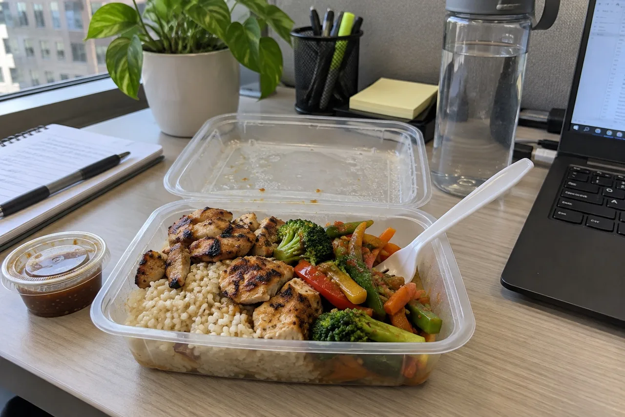 An open takeaway container of rice, grilled chicken and stir-fried vegetables on an office desk beside a keyboard and a water bottle.