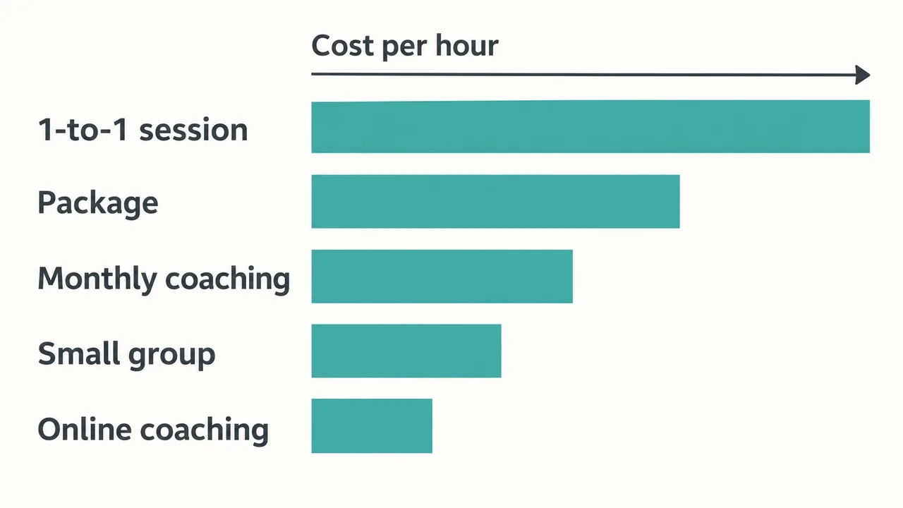 Comparison chart of five personal training pricing models, from one-to-one sessions (highest cost, most attention) to online coaching (lowest cost, most independence).