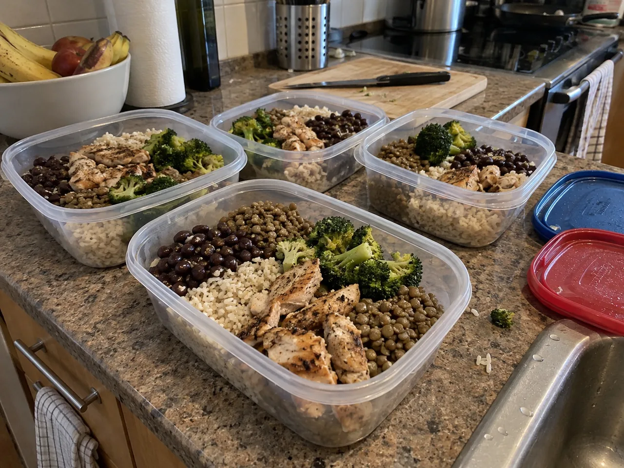 Several meal-prep containers on a kitchen counter filled with rice, chicken, beans, lentils and broccoli.