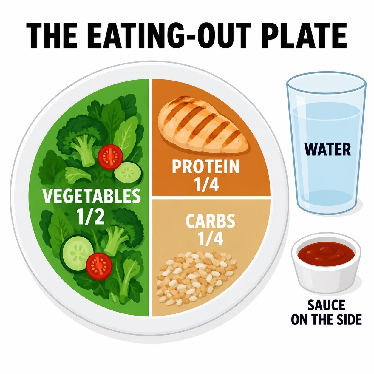 Plate method diagram: half the plate vegetables, a quarter protein, a quarter carbs, with sauce on the side and a glass of water.