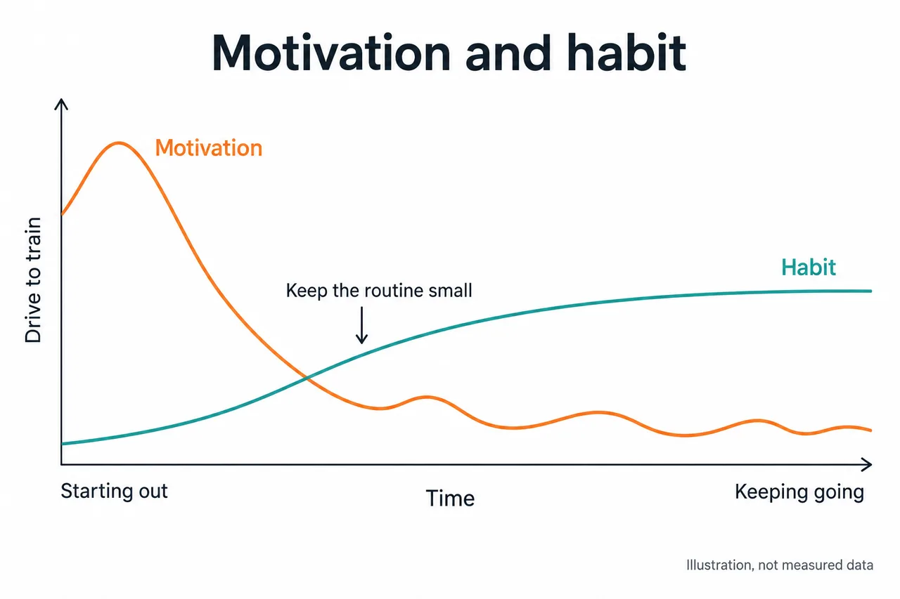 An illustrative chart shows motivation falling as a habit gradually becomes more established.