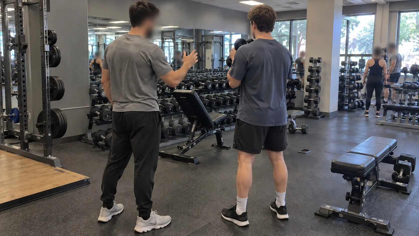 A personal trainer gesturing as he explains a movement to a client holding a dumbbell in a gym, both seen from behind.