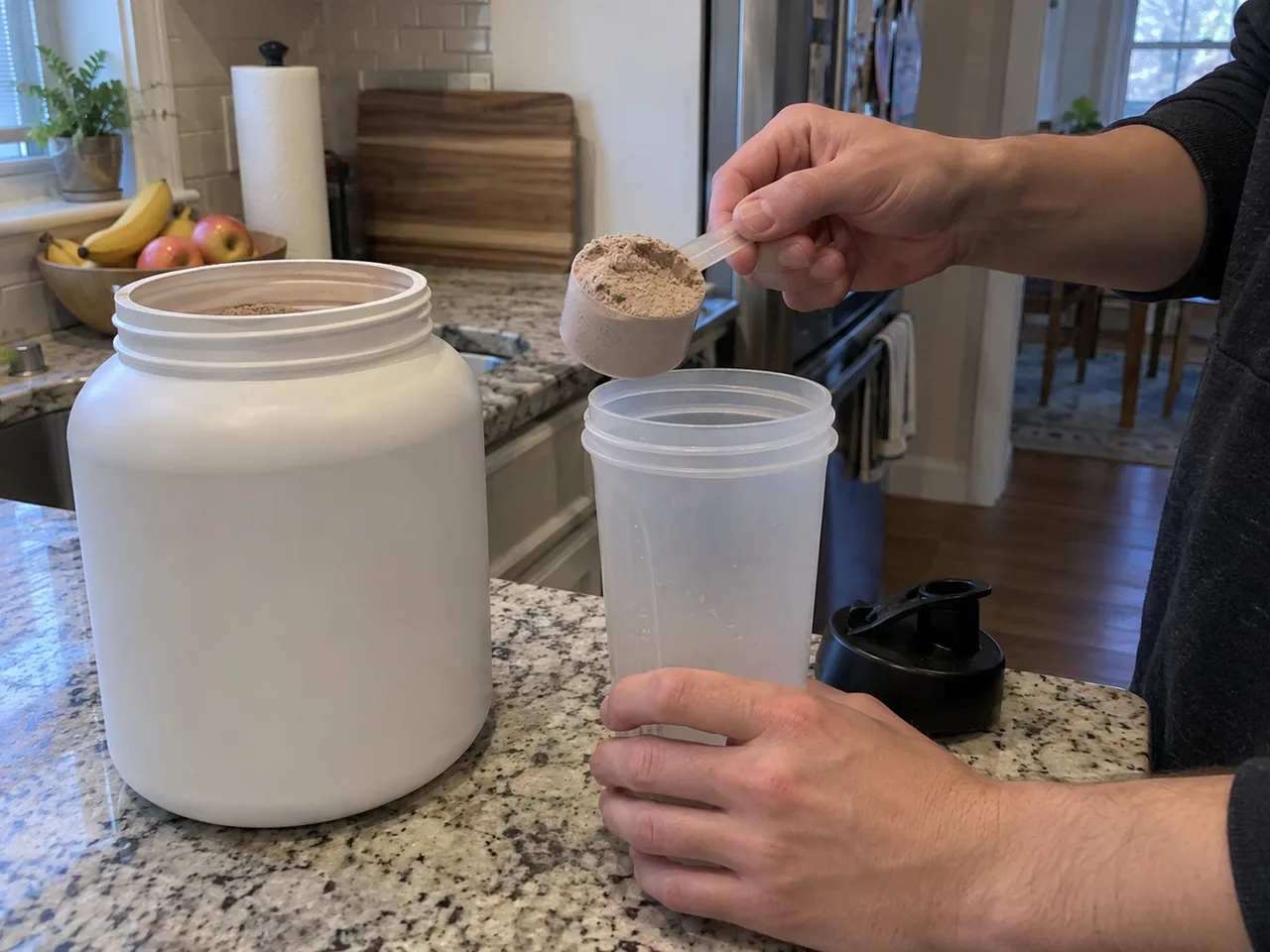 Hands using a plastic scoop to add protein powder to a shaker bottle on a kitchen counter.