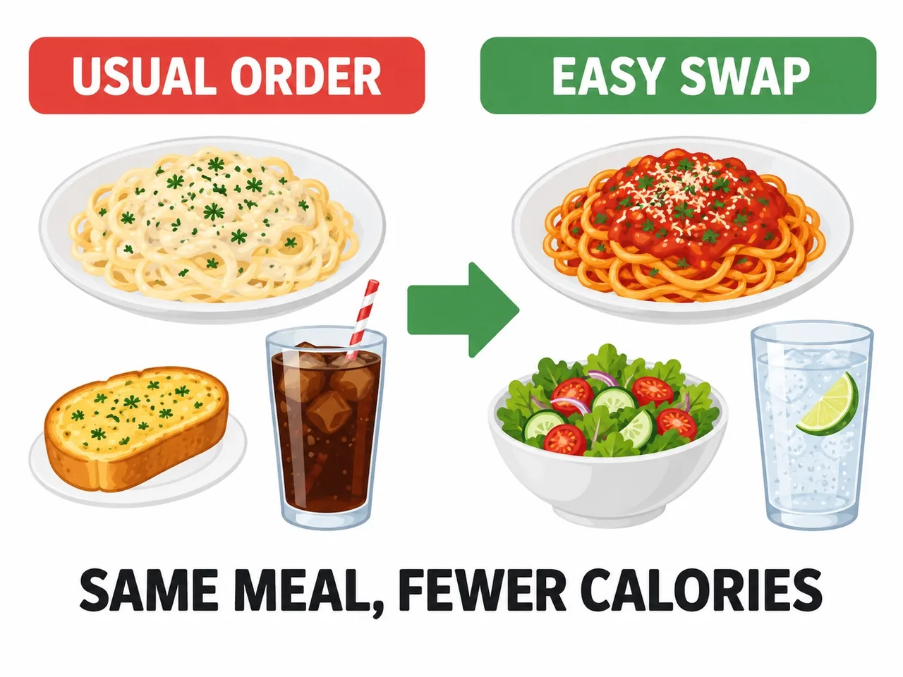 Infographic comparing a usual order of creamy pasta, garlic bread and soda with an easy swap of tomato pasta, side salad and sparkling water.