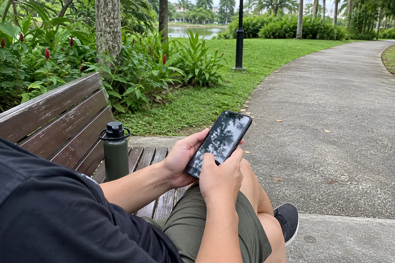 Hands holding a phone on a park bench, with a water bottle beside the seated person.