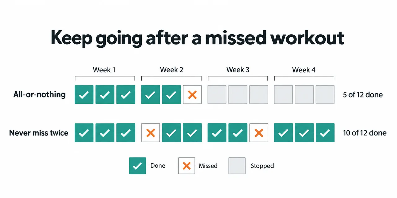Across 12 planned workouts, one row stops after a missed session; the other resumes after two isolated misses and completes ten sessions.