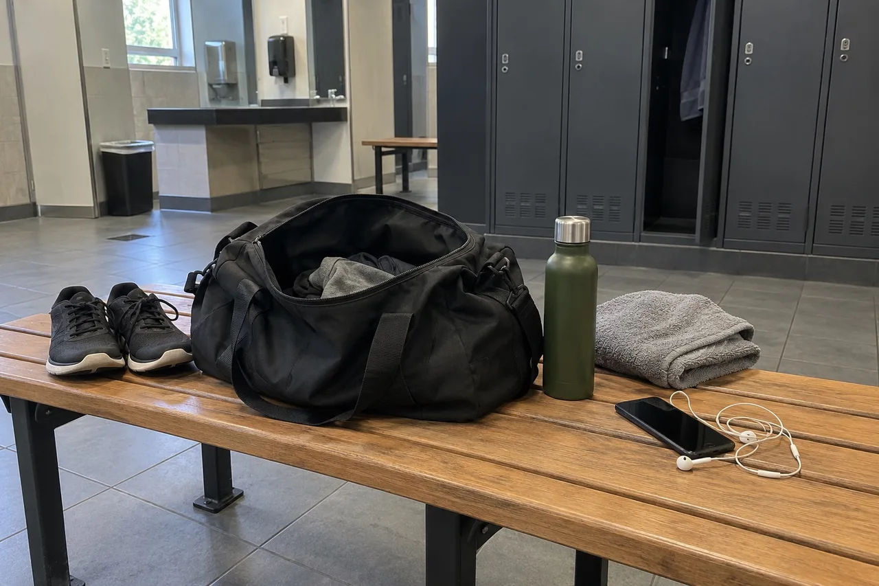 An open black gym bag on a changing room bench with training shoes, a water bottle, a folded towel and a phone with earphones.