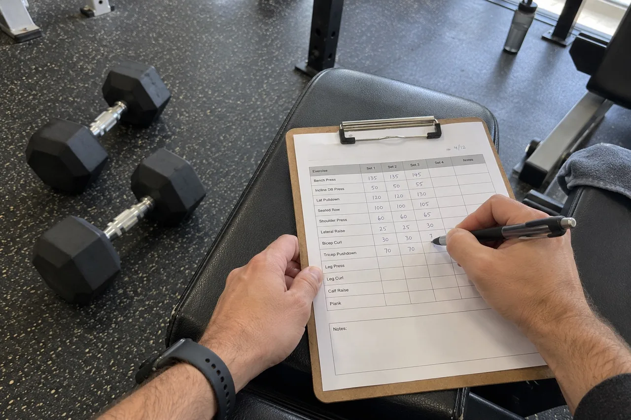 Close-up of hands writing sets, reps and weights on a printed workout plan on a clipboard resting on a gym bench next to dumbbells.