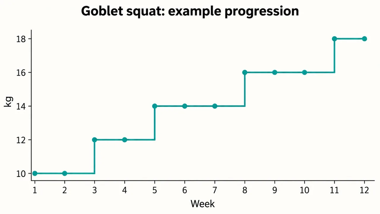 Example step chart of goblet squat weight over 12 weeks, rising from 10 kg in week 1 to 18 kg by week 12, with flat periods between each jump.