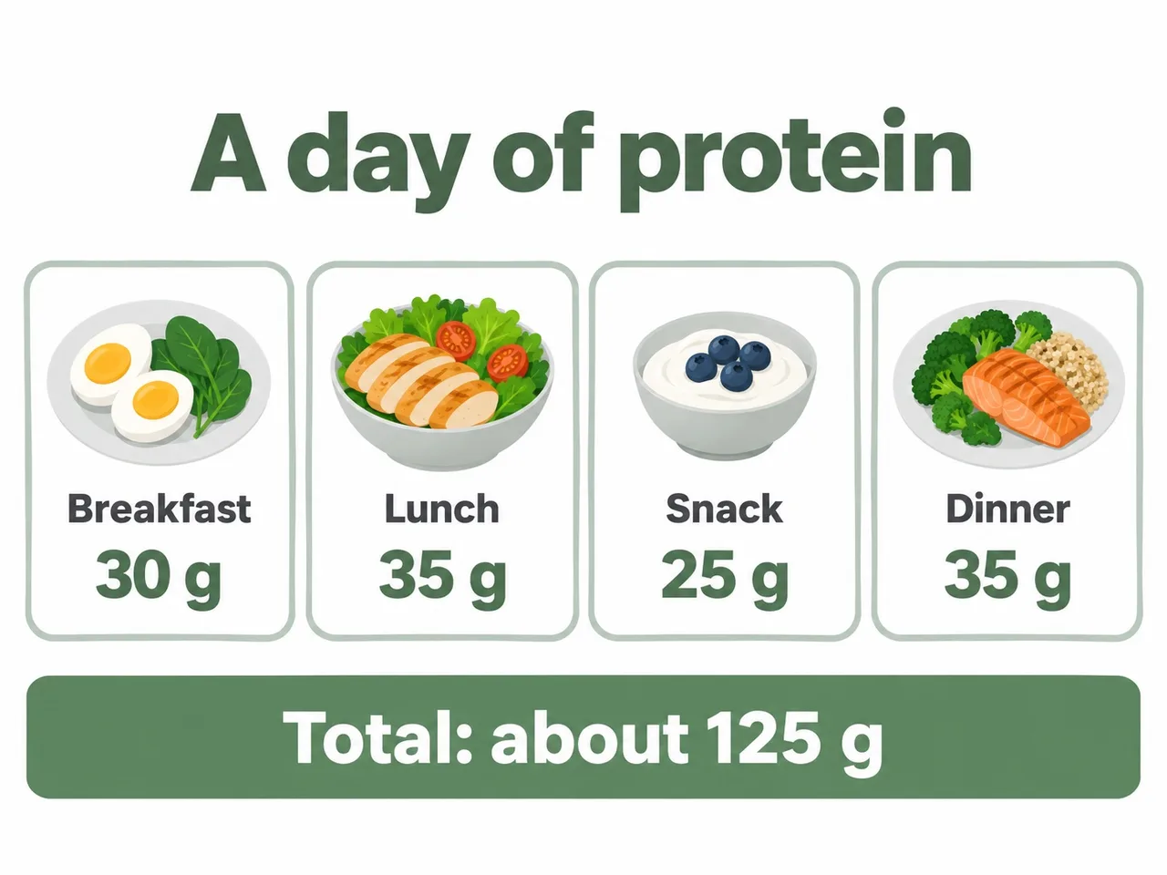 Diagram of one day of eating split into breakfast 30 g, lunch 35 g, snack 25 g and dinner 35 g of protein, adding up to about 125 g.