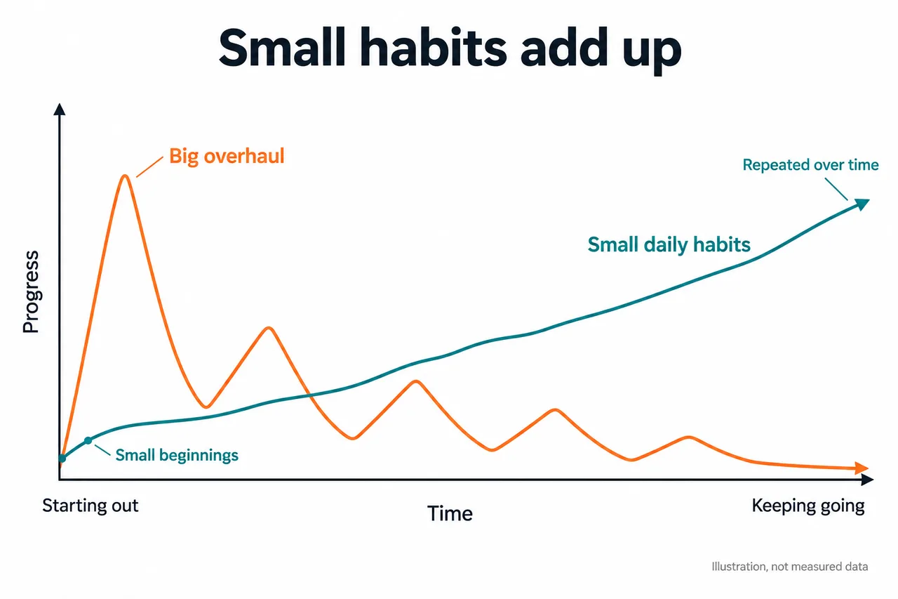 An illustrative chart compares repeated stop-start efforts with steady progress from small daily habits.