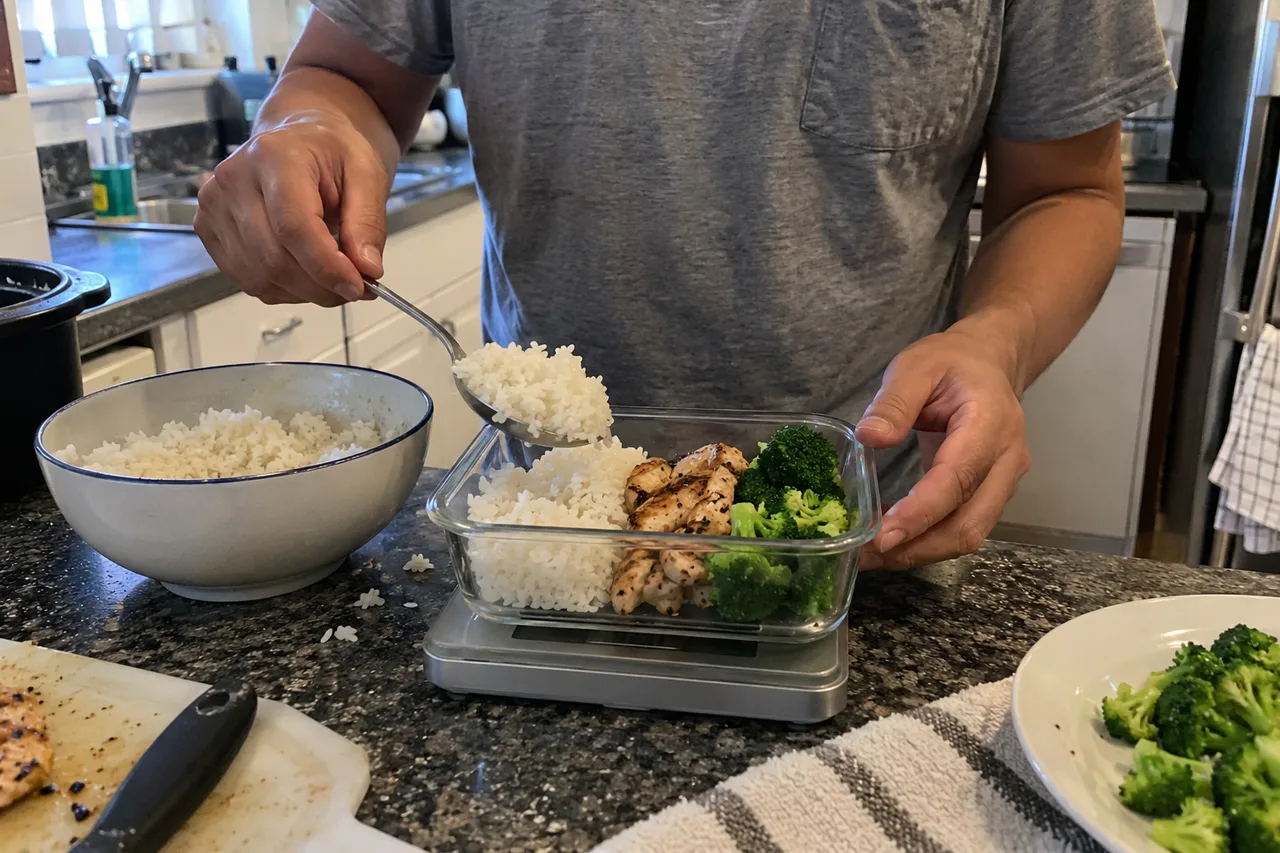 A person portioning rice, grilled chicken and broccoli into a lunch container on a kitchen scale at home.